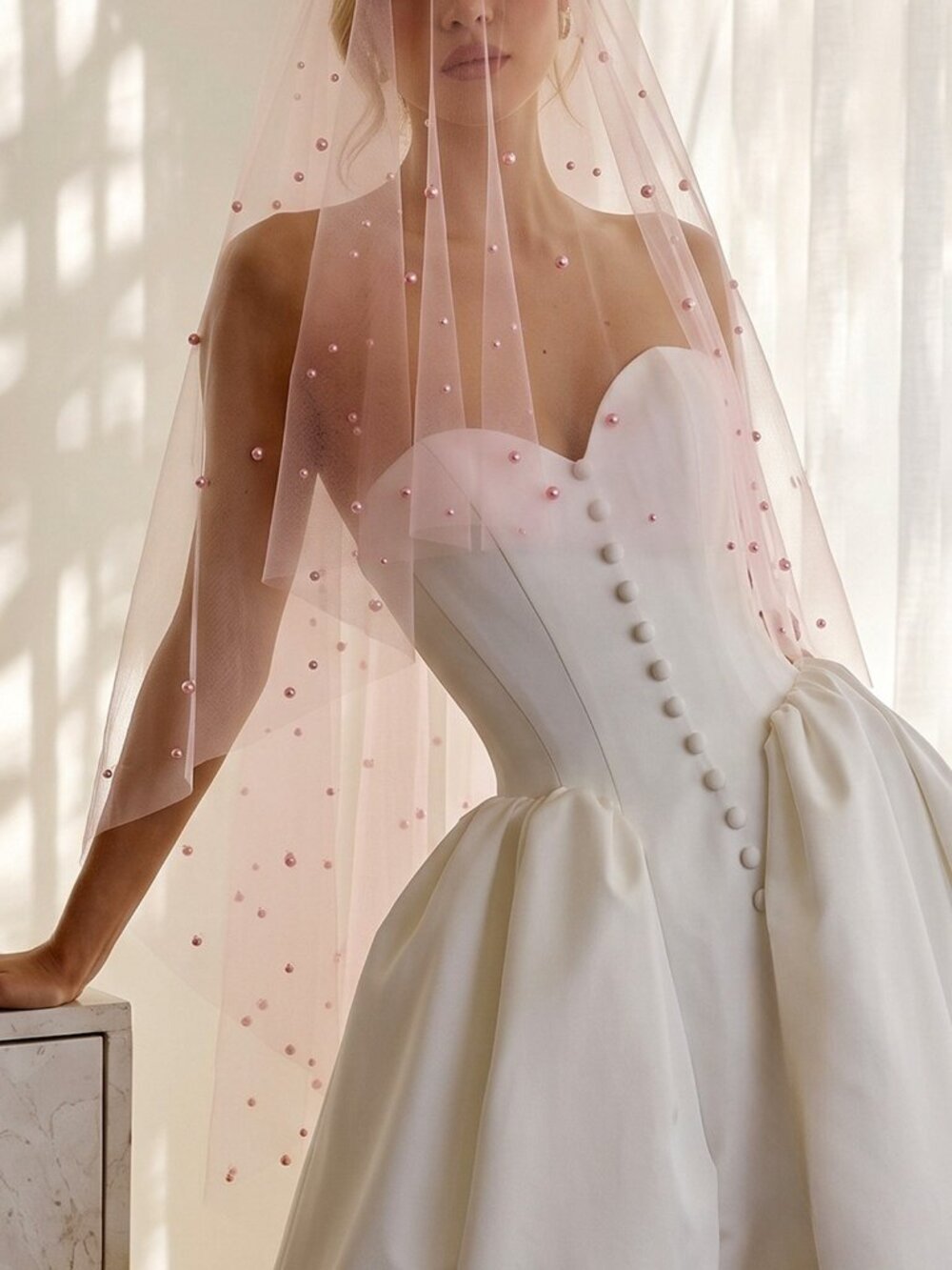 Pink Beaded Bridal Veil Blush Wedding 59"x63" No Comb